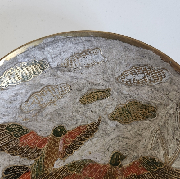 Vintage Cloisonne Enamel Brass Bowl Flying Birds Eclectic Home Decor Boho 90s - Picture 3 of 7